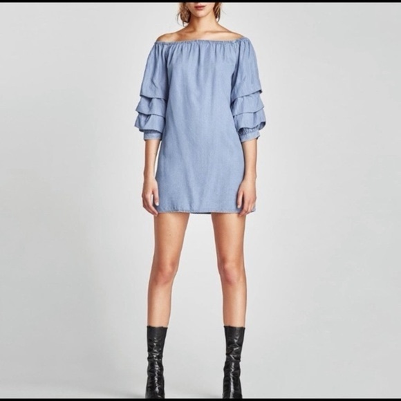 Zara Blue Solid Off Shoulder Sheath Dress Lyocell Size Small - Picture 1 of 10